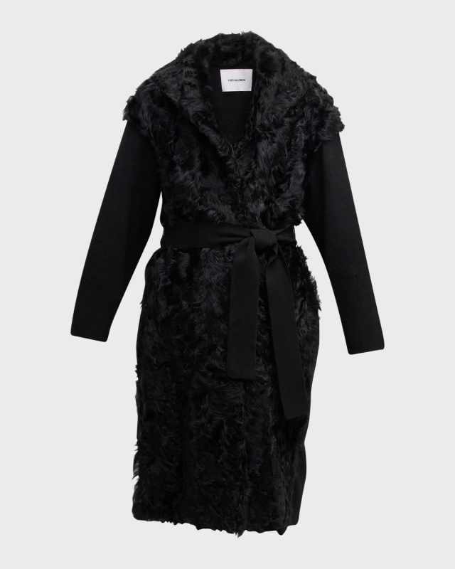Cut and Sew Wool Knit Coat with Lambskin Fur
